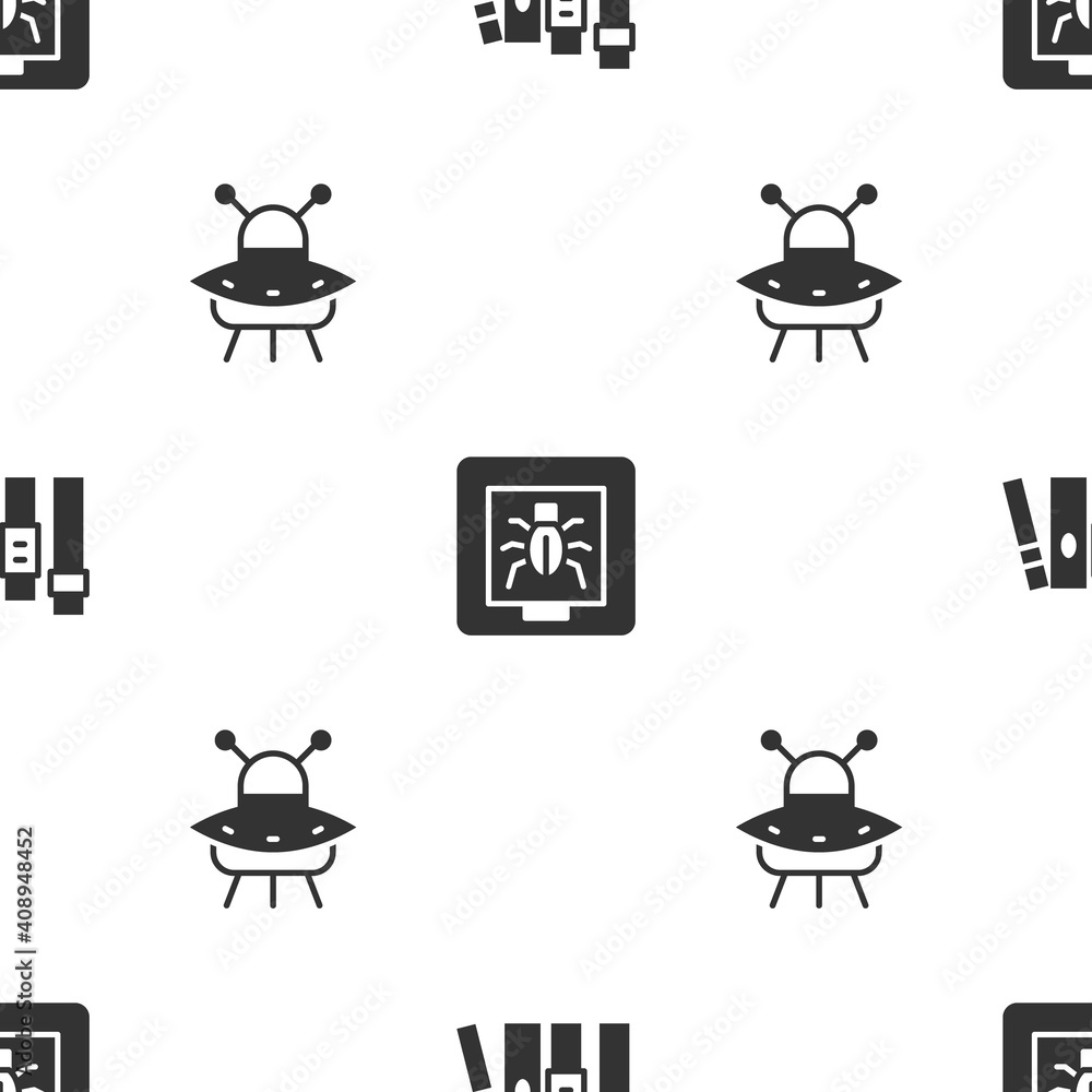 Aufkleber set book, insects in a frame and ufo flying spaceship on seamless pattern. vector.