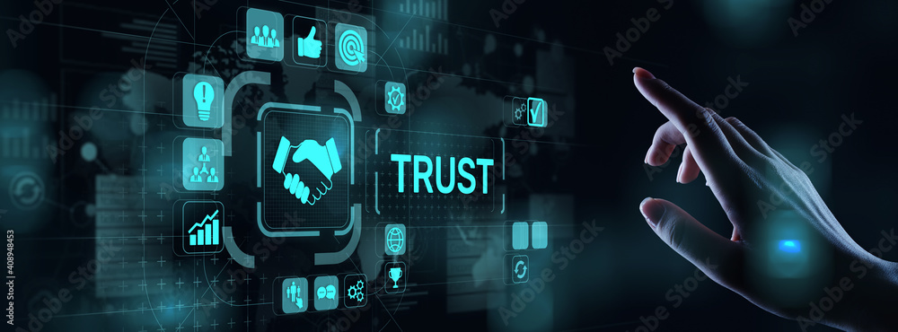Poster trust customer relations reliability business concept. pointing and pressing on virtual screen.