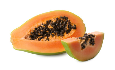 Fresh cut papaya fruit on white background
