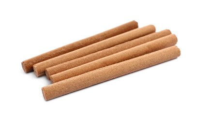 Many aromatic incense sticks on white background