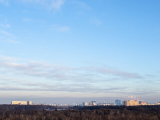 Fototapeta premium blue sky over city park and town on horizon on sunny winter day