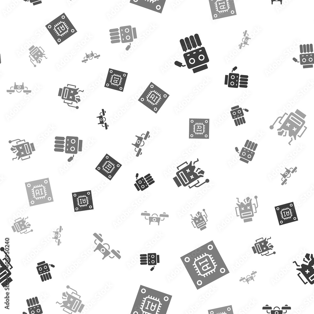 Poster set mechanical robot hand, processor with microcircuits cpu, broken and drone on seamless pattern. v