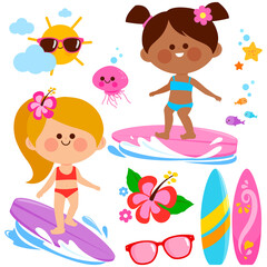 Girls on summer vacations surfing in the sea. Vector illustration collection