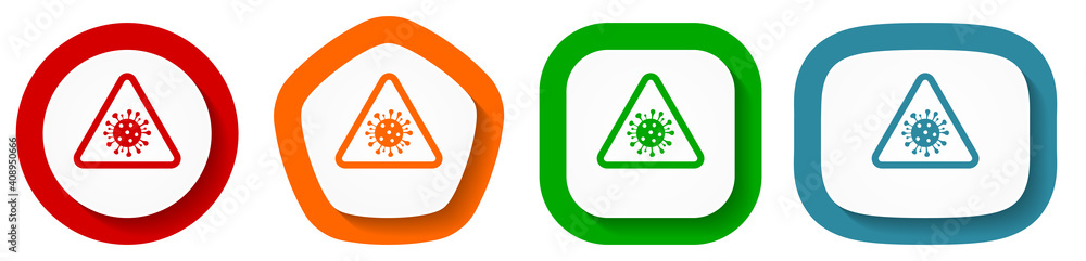 Poster coronavirus triangle warning sign, covid-19 caution vector icon set, flat design buttons on white ba