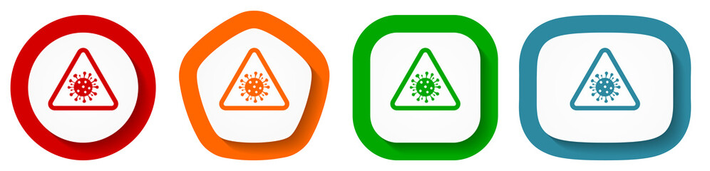 Coronavirus triangle warning sign, covid-19 caution vector icon set, flat design buttons on white background for webdesign and mobile phone applications