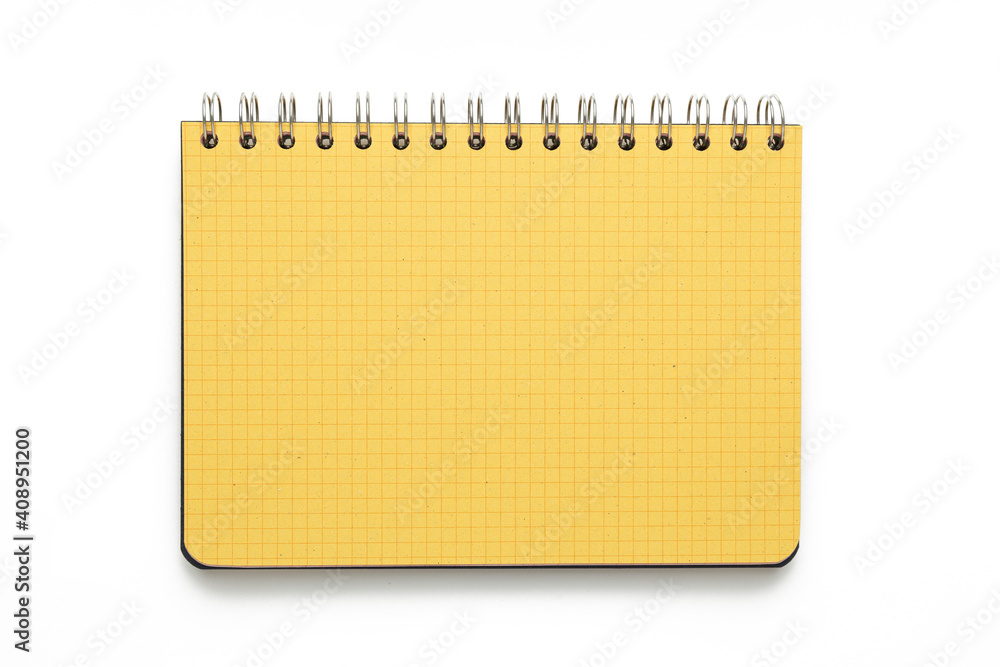 Poster opened yellow squared diary isolated on white background. study notebook, spiral empty paper organiz