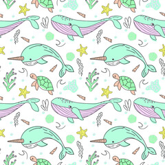 Seamless pattern with marine life, cute whale, funny narwhal, coral, happy turtles. Perfect for kids, fabrics