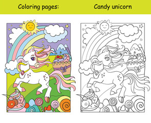 Obraz na płótnie Canvas Cute unicorn in sweet world. coloring book