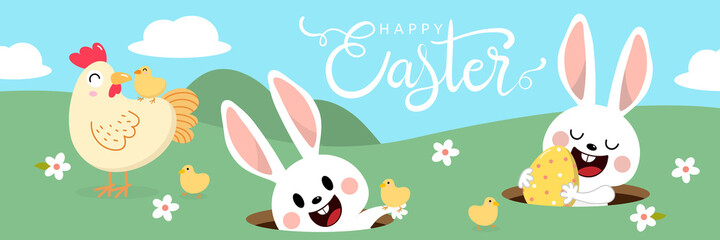 Happy Easter greeting card with cute white bunny, colourful eggs, chicken and little chick in the green garden. Welcome spring season with rabbit. Animal wildlife holiday cartoon character. -Vector.