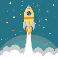 rocket in space vector illustration for poster, kids room poster, print