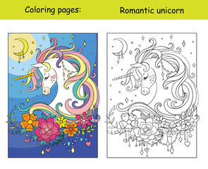 Romantic unicorn portrait coloring book vector template © alinart
