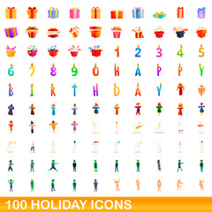100 holiday icons set. Cartoon illustration of 100 holiday icons vector set isolated on white background