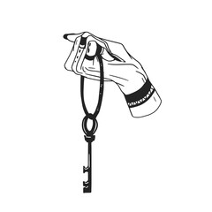 Fototapeta na wymiar Witch holding big key from secret doors. Mysterious monochrome element. Black and white hand drawn vector illustration isolated on white background