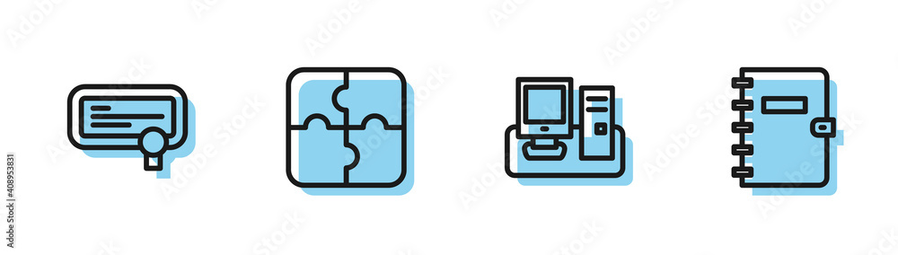 Poster set line monitor with keyboard, certificate template, piece of puzzle and spiral notebook icon. vect
