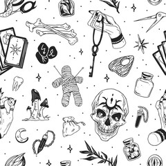 Black and white seamless witchcraft pattern with mystic attributes. Endless texture with scull, bones, tarot cards, runes, jars with potion, voodoo doll and witch hand. Monochrome vector illustration. - obrazy, fototapety, plakaty