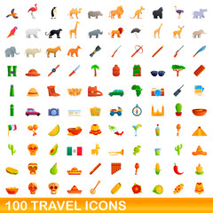 100 travel icons set. Cartoon illustration of 100 travel icons vector set isolated on white background