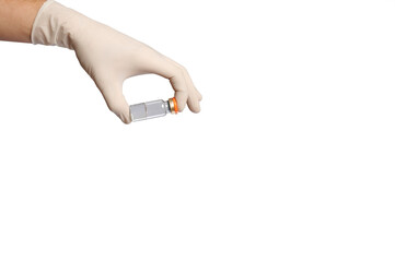 Isolated hand in a medical glove with a vial on a white background. object to copy