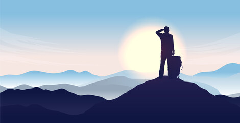 Fototapeta premium Man on top of the world - Silhouette of male person looking to the horizon, watching sunrise and the start of a new day. Hope and opportunity concept. Vector illustration.