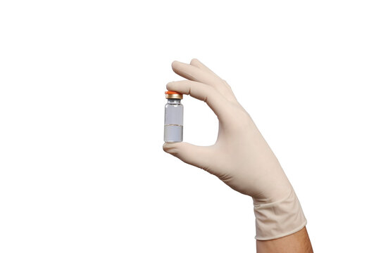 isolated hand in a medical glove with a vial for vaccine on a white background. object to copy