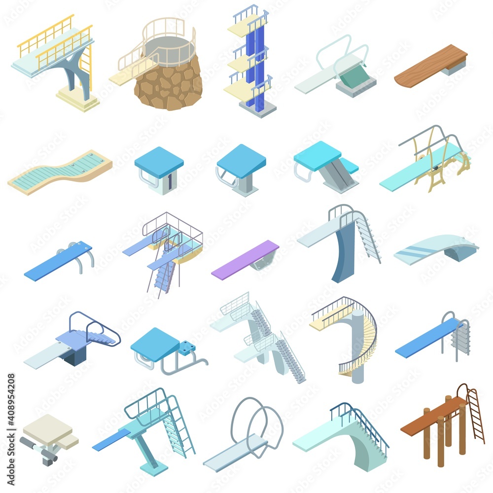 Poster diving board icons set. isometric set of diving board vector icons for web design isolated on white 