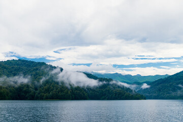 Azerbaijan, Goygol: Panoramic view landscape scenery on famous Lake  near Ganja