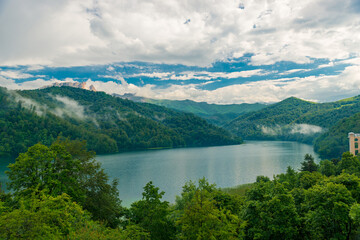 Fototapeta na wymiar Azerbaijan, Goygol: Panoramic view landscape scenery on famous Lake near Ganja