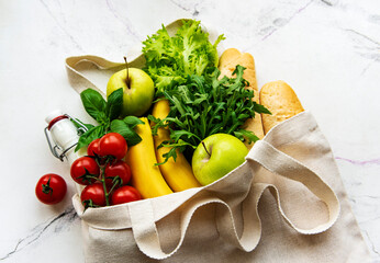 Zero waste food shopping. eco natural bag with fruits and vegetables, eco friendly, flat lay.
