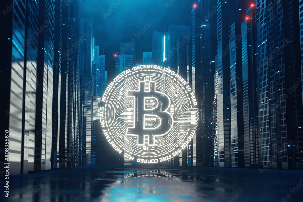 Poster 3d rendering of bitcoin led glowing in megacity with reflection on floor and windows. concept of bit