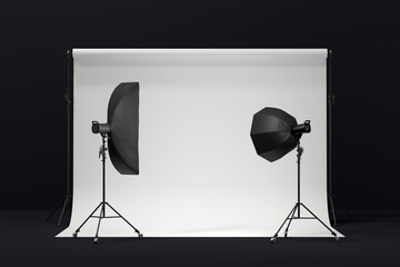 Photography photo studio with professional lighting equipment on background