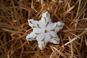 Gingerbread cookie with a Christmas theme on wood shavings.