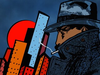 Pop-art illustration. A man in a hat and a coat smokes in the background of the city