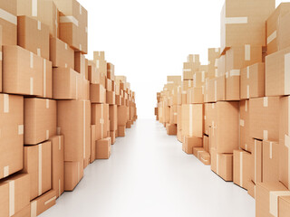 Corridor consisting of cardboard boxes. 3D illustration