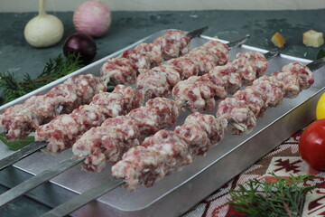 Kebabs - grilled meat skewers, shish kebab with vegetables