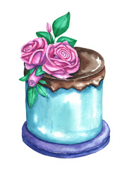 Watercolor blue sponge cake with chocolate fondant and rose flowers. Illustration with hand-drawn biscuit isolated on a white background for a sweet shop, confectionery, pastry shop