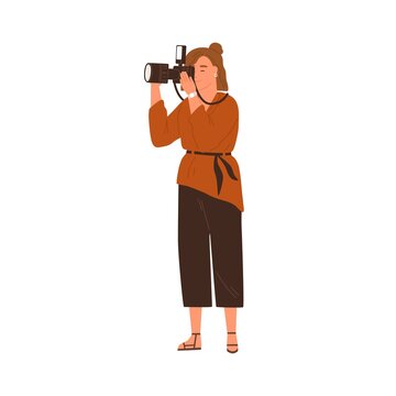 Professional female photographer holding digital photo camera with flashlight and taking pictures. Young woman focusing and making shots. Colored flat vector illustration isolated on white background