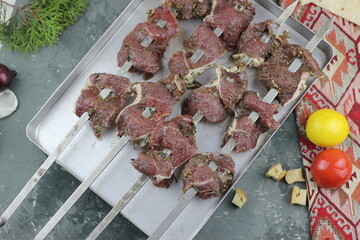 Kebabs - grilled meat skewers, shish kebab with vegetables