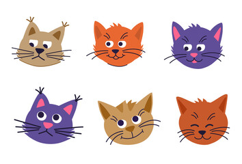 Set Faces of cute cats on a white background. happy, sad and thoughtful cats isolated. Vector cartoon Illustration in flat. collection of cat heads