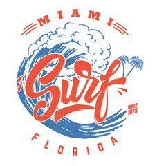 Miami surf. Emblem template with waves and palms. Design element for poster, card, banner, sign, emblem. Vector illustration