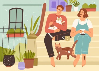 Young couple spending leisure time together with cats on the front porch of house, drinking tea, relaxing and enjoying slow life. Calm people resting in silence near home. Flat vector illustration