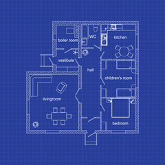 Blueprint floor plan of a modern apartment on graph paper. Vector house interior. Architectural background.