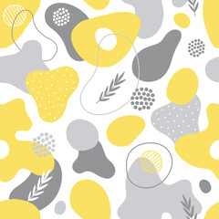 Fototapeta premium Seamless pattern with abstract shapes, dots, leaves. Illuminating, Ultimate Grey