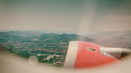 Retro photo, view of Bologna from the window of the plane.