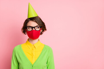 Photo of minded brunette bob haired woman look empty space wear green shirt glasses isolated on...