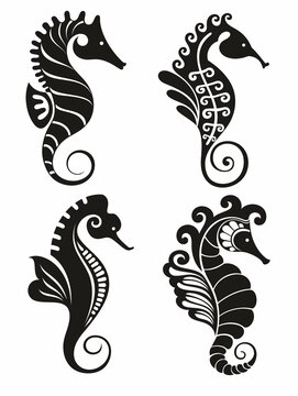 Seahorse graphic icons. Seahorse black signs isolated on white background. Sea life symbol. Tattoo.