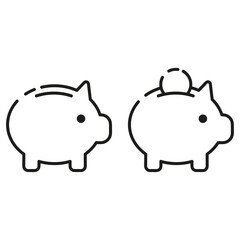 Cute piggy bank with a coin. Thin line icons for web, applications and design. Minimalistic flat style.