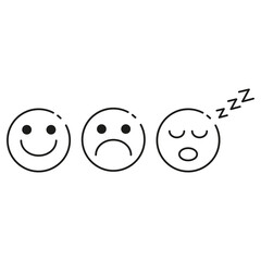 Emoticons with expressions of emotion. Mood. Happiness, joy, discontent, sadness, grief, sleep, tiredness. Thin line icons for web, applications and design. Minimalistic flat style.