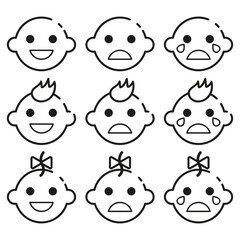 Children's faces with different emotions. Girls and boys are smiling happily. Upset crying babies. Set. Thin line icons for web, applications and design. Minimalistic flat style.