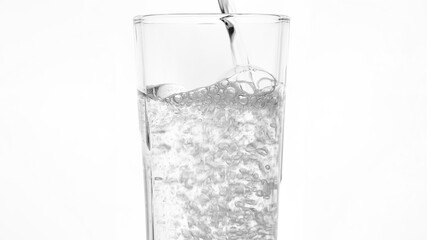 pouring water in glass, white background. clear sparkling water