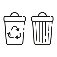 Regular trashcan and a container for recyclable waste. Thin line icons for web, applications and design. Minimalistic flat style.