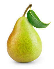 Pear isolated. One green pear fruit with leaf on white background. Green pear. With clipping path....